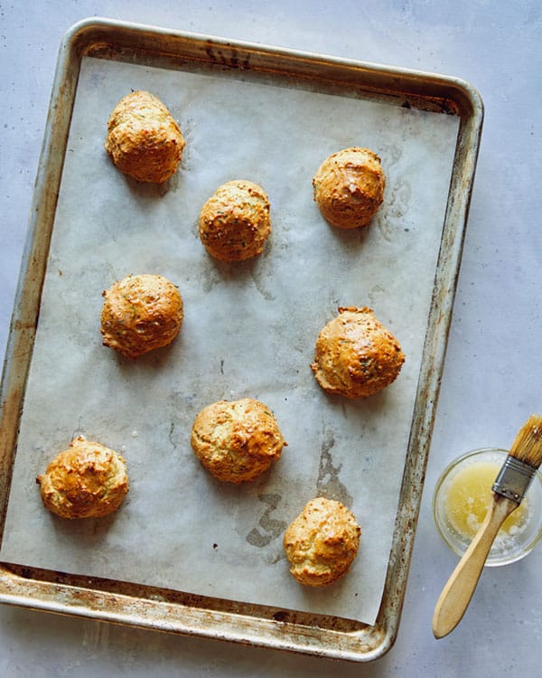 Drop biscuits baked on with fresh butter brushed on top.