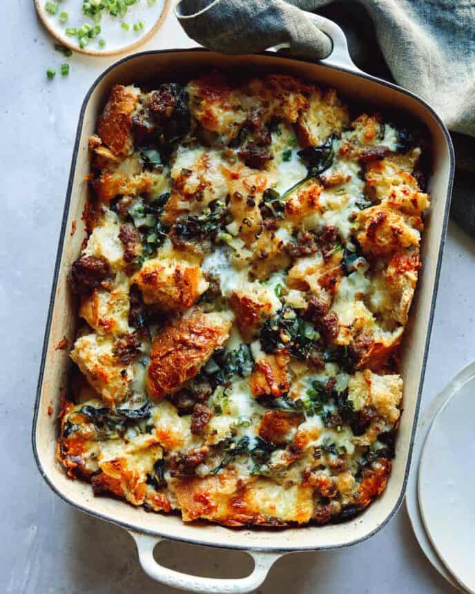 Baked sausage strata in a dish.