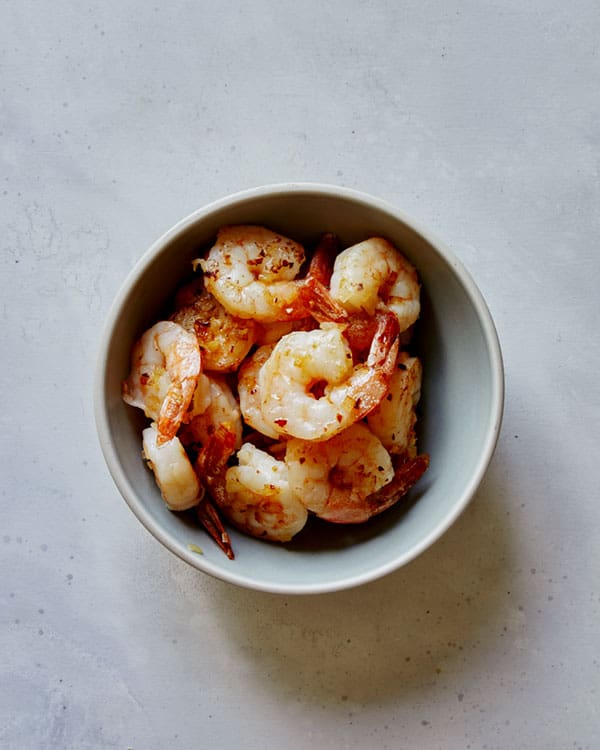 Cooked shrimp in a bowl.