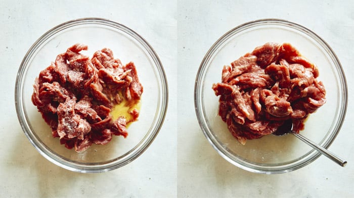 Szechuan beef marinating in a bowl.
