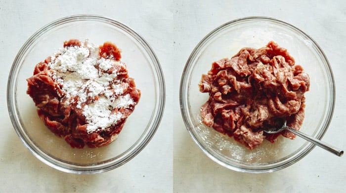 Szechuan beef with cornstarch in a glass bowl.