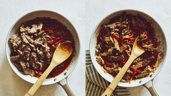 Szechuan beef in a skillet.