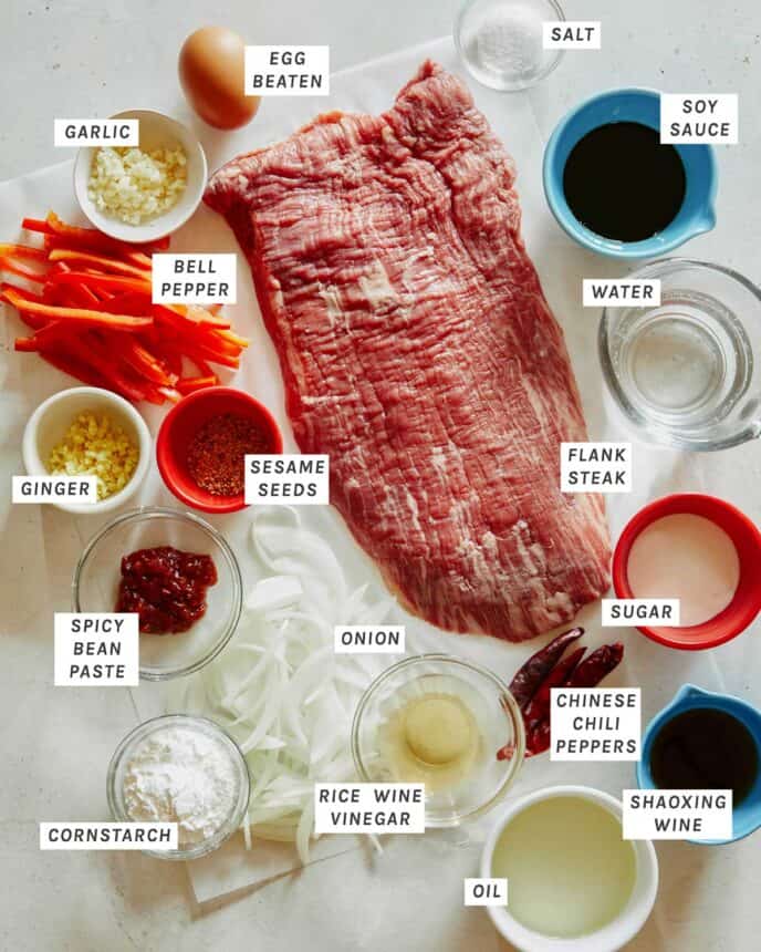 Ingredients for Szechuan beef on the kitchen counter.