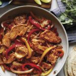 Chicken fajitas recipe in a skillet.