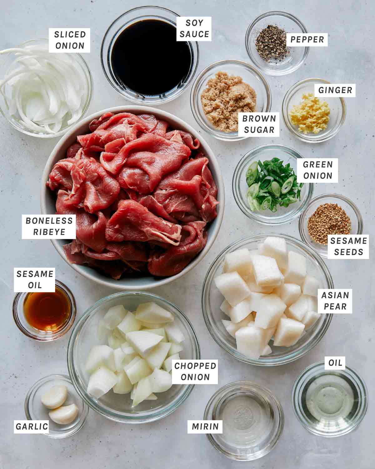 Beef bulgogi ingredients on a kitchen counter. 