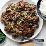 Beef bulgogi recipe on a plate.