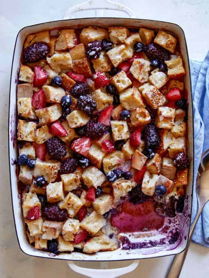 Close up shot of triple berry bread pudding.