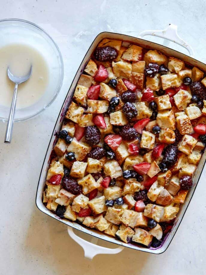 Berry bread pudding with a glaze.