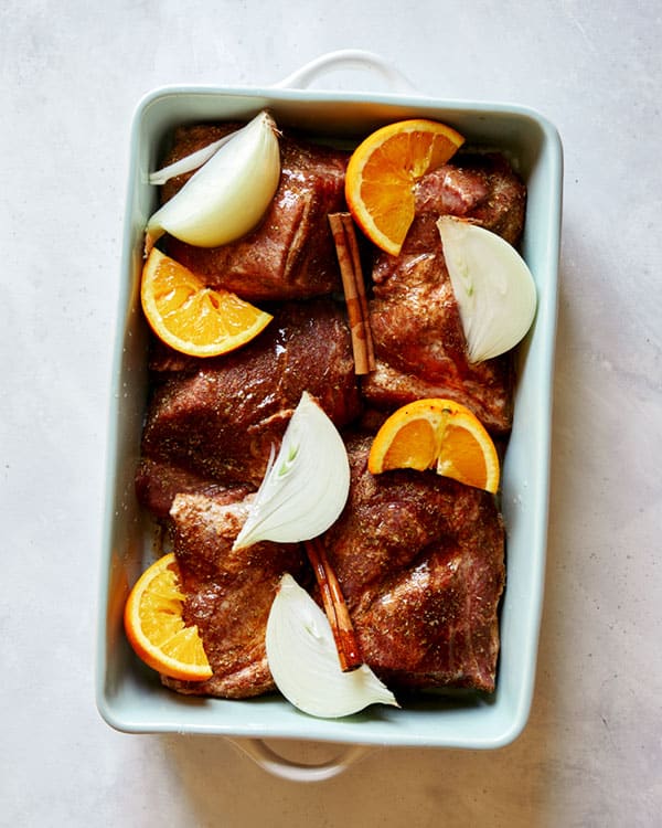 Carnitas ready to be roasted in the oven.