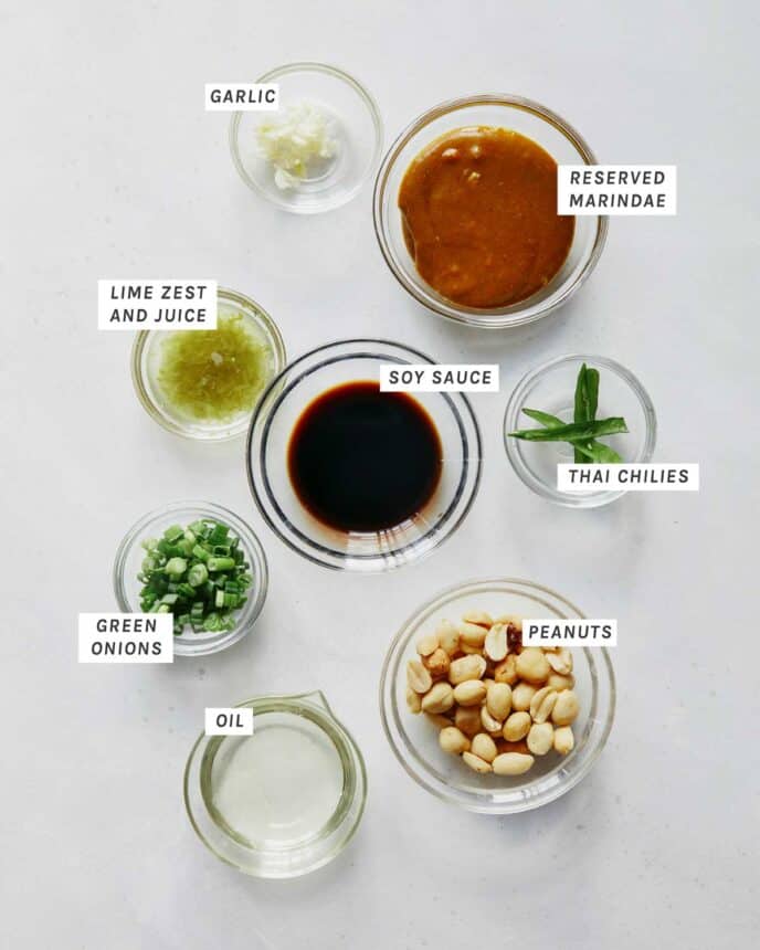 Chicken satay sauce ingredients on a kitchen counter.