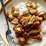 Close up on one bowl of honey garlic chicken.