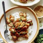 Close up on one bowl of honey garlic chicken.