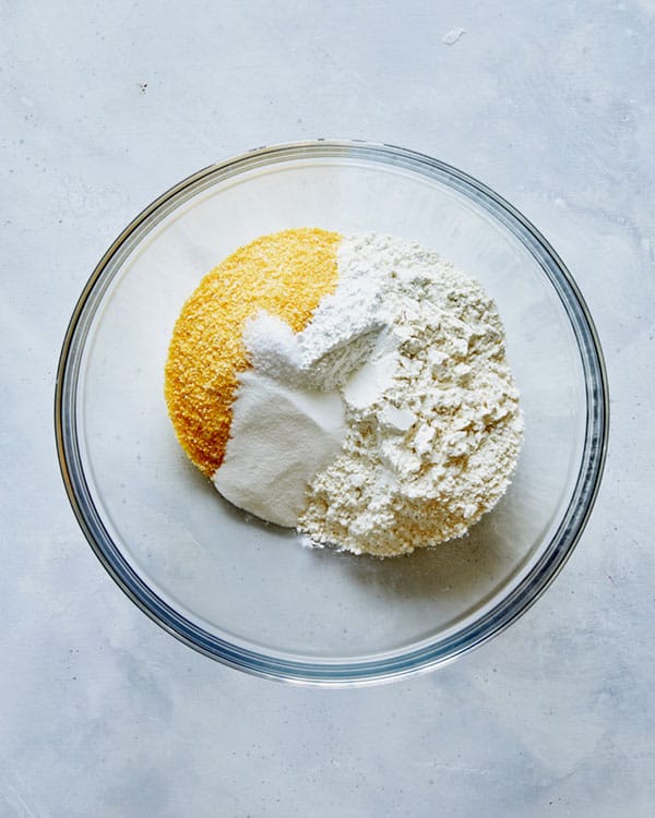 Dry ingredients in a bowl to make biscuits for strawberry shortcake.