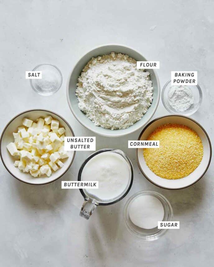 Strawberry shortcake cornmeal biscuit ingredients ready to be made.