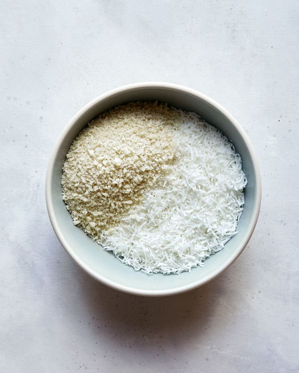 Breadcrumbs and shredded coconut for coconut shrimp.