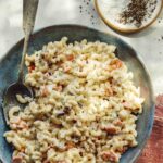 Close up on a big bowl of Hawaiian Macaroni Salad recipe.