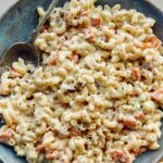 Close up on a big bowl of Hawaiian Macaroni Salad recipe.