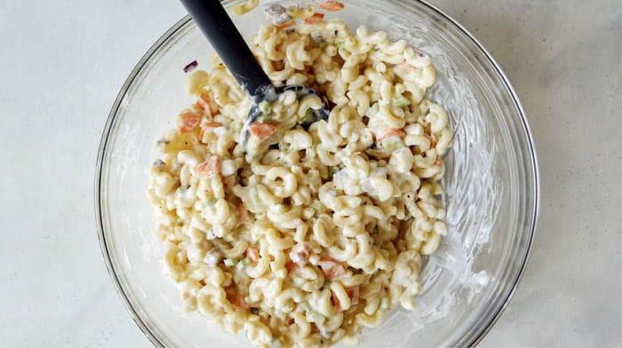 Hawaiian style macaroni salad in a bowl.