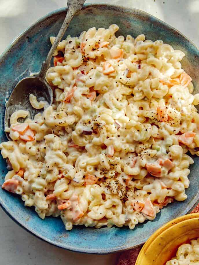 Close up on a big bowl of Hawaiian Macaroni Salad recipe.