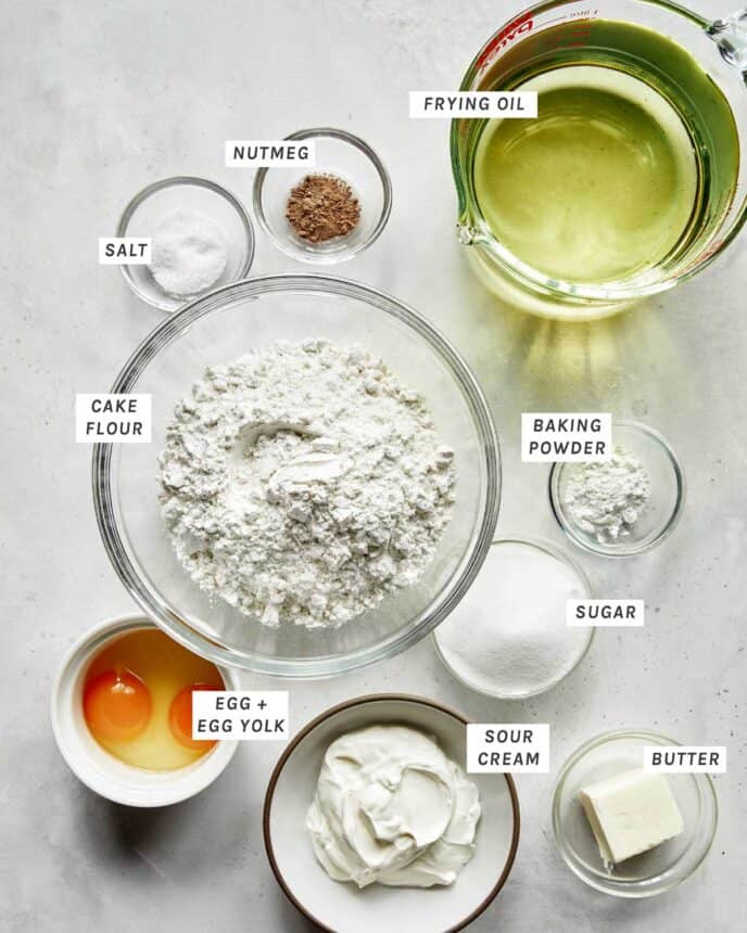 Ingredients to make old fashioned donuts.