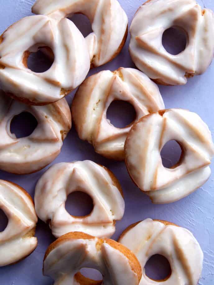 Old fashioned donut recipe on a platter. 