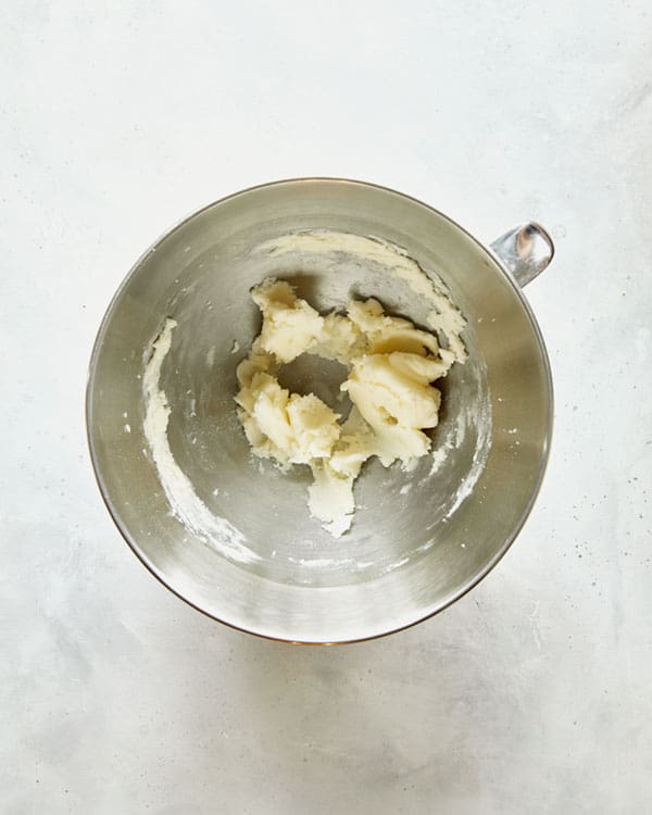 Butter and sugar creamed together in a stand mixer.