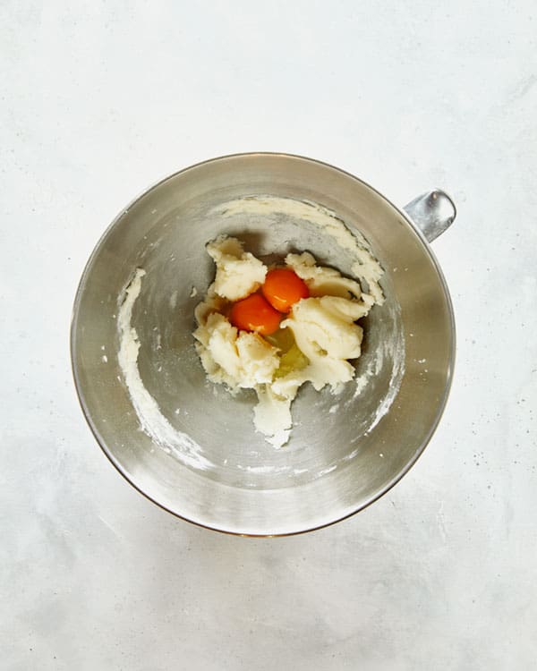 Egg yolks with creamed butter and sugar. 