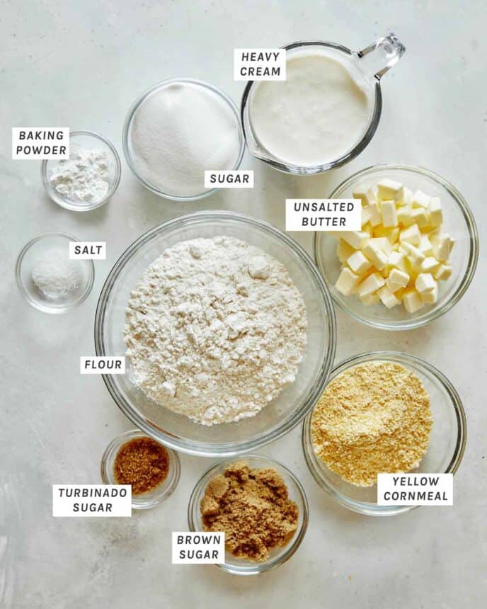 Ingredients for a biscuit crust for a blueberry cobbler recipe all laid out.