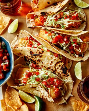 Baja Fish Tacos recipe on a board.