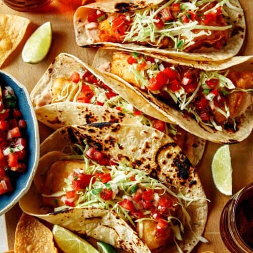 Baja Fish Tacos recipe on a board.