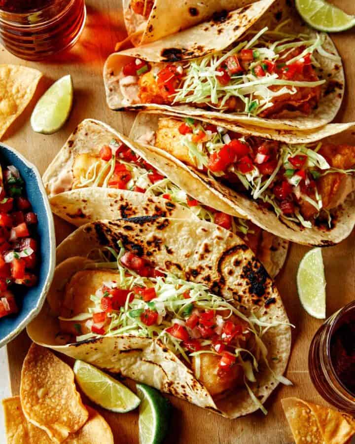 Baja Fish Tacos recipe on a board.