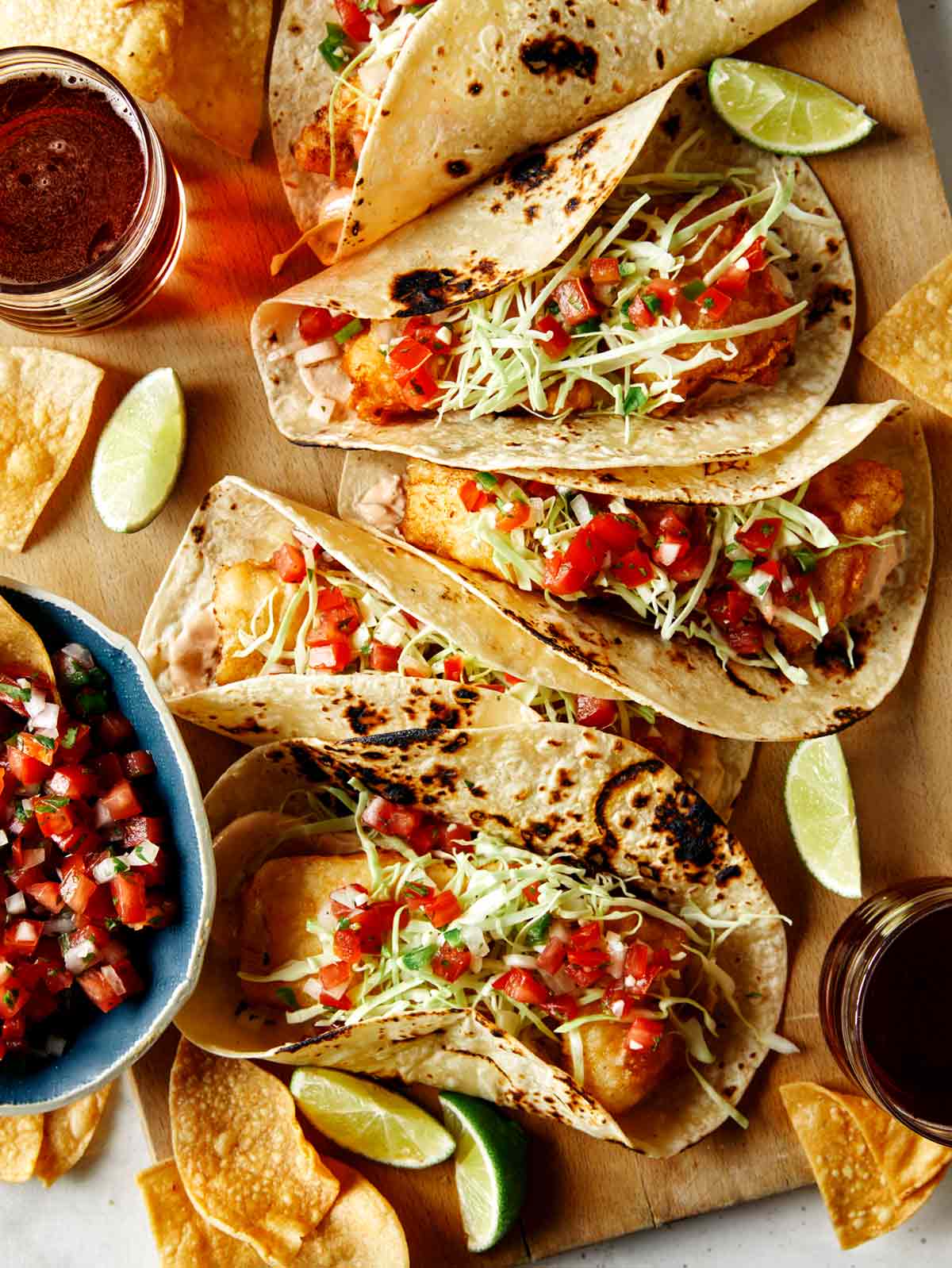 Baja fish tacos recipe with beer on the side. 