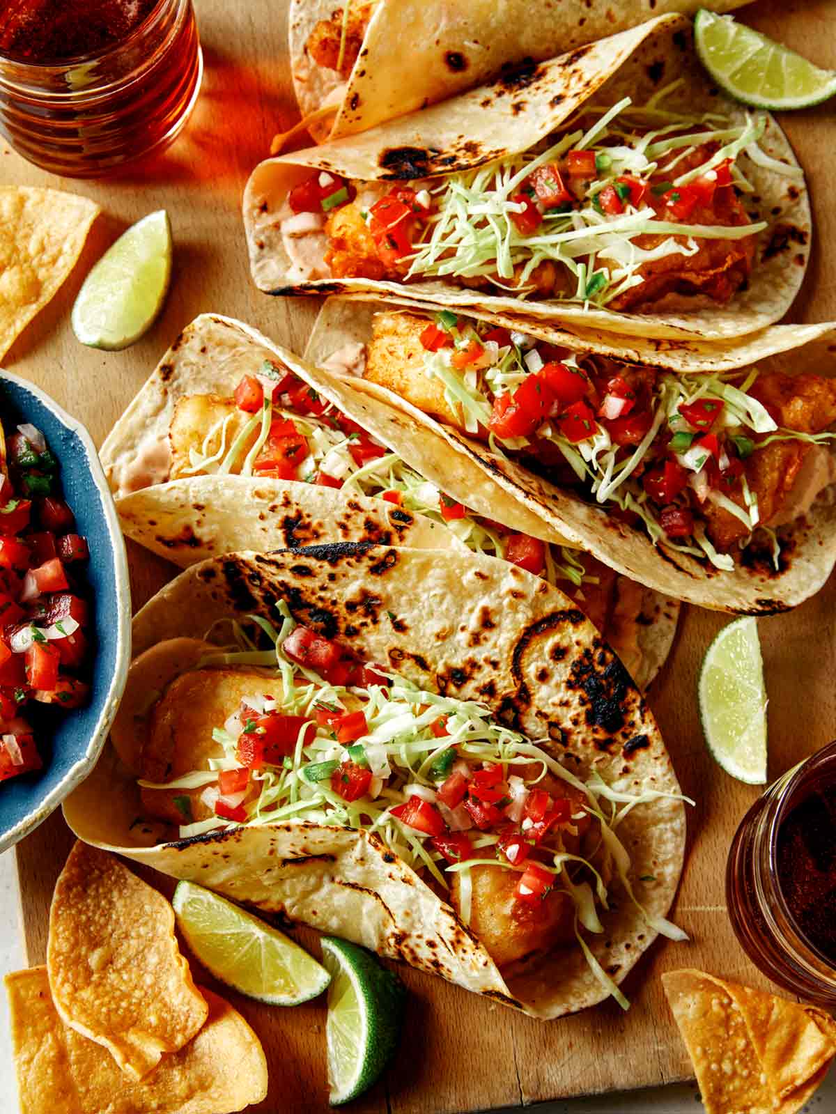 Baja Fish Tacos recipe on a board. 