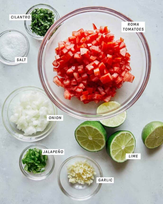 Pico de gallo recipe ingredients on a kitchen counter. 