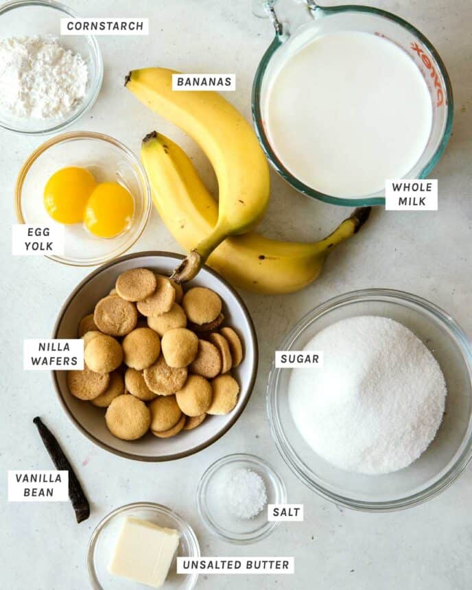 Banana pudding ingredients all laid out on a kitchen counter.