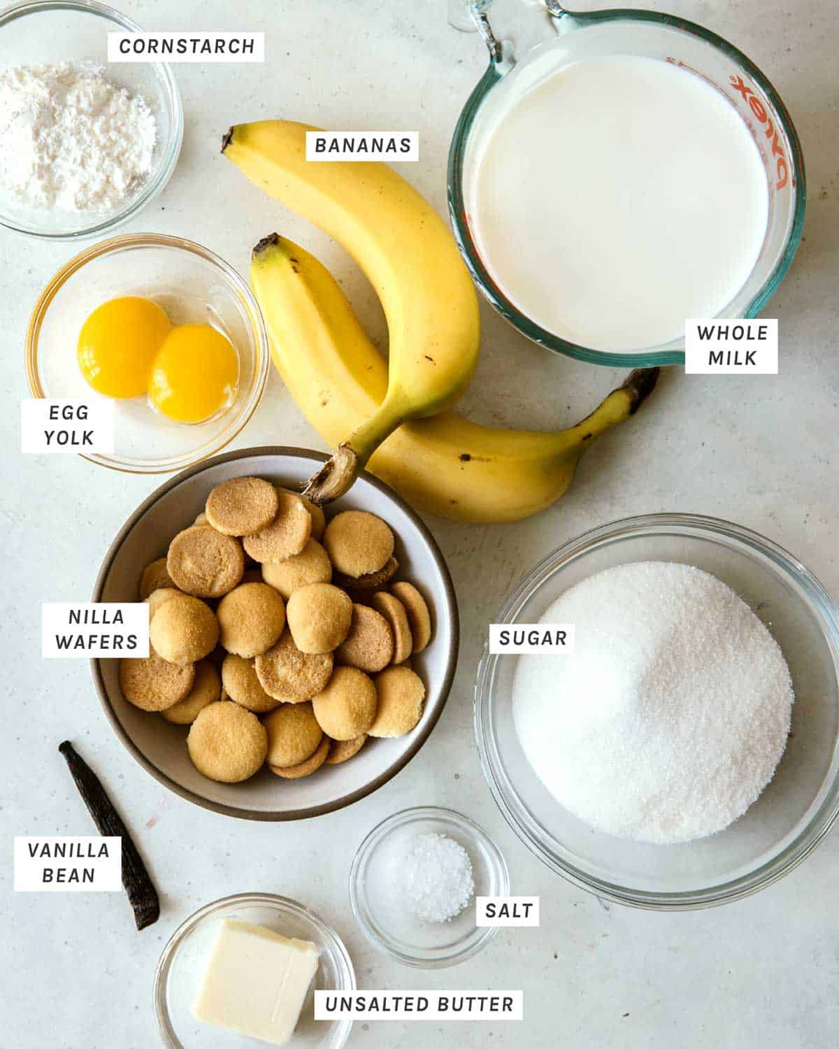 Banana pudding ingredients all laid out on a kitchen counter.