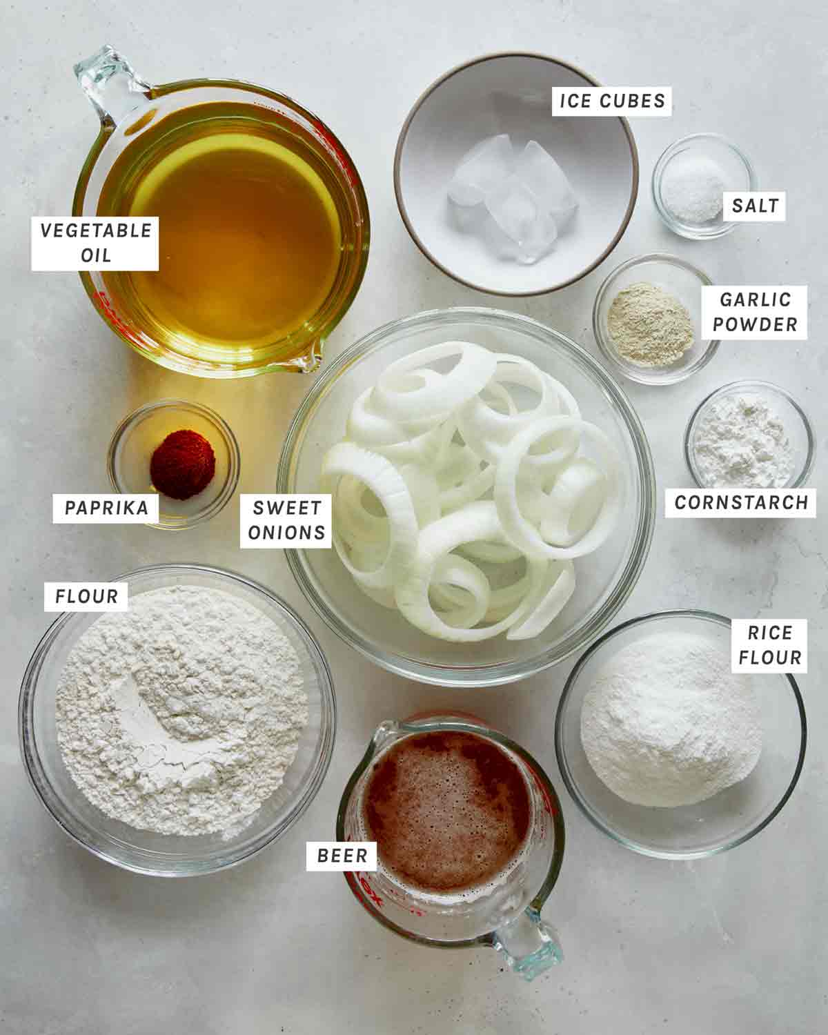 Ingredients to make beer battered onion rings. 