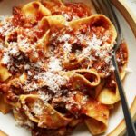 Close up on bolognese sauce in a bowl.