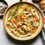 Chicken noodle soup recipe in a bowl.