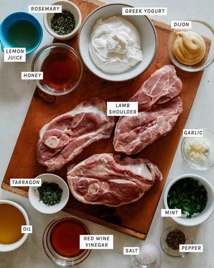 Lamb kabob ingredients all laid out in a kitchen. 