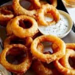 Beer battered onion rings recipe with ranch dressing.