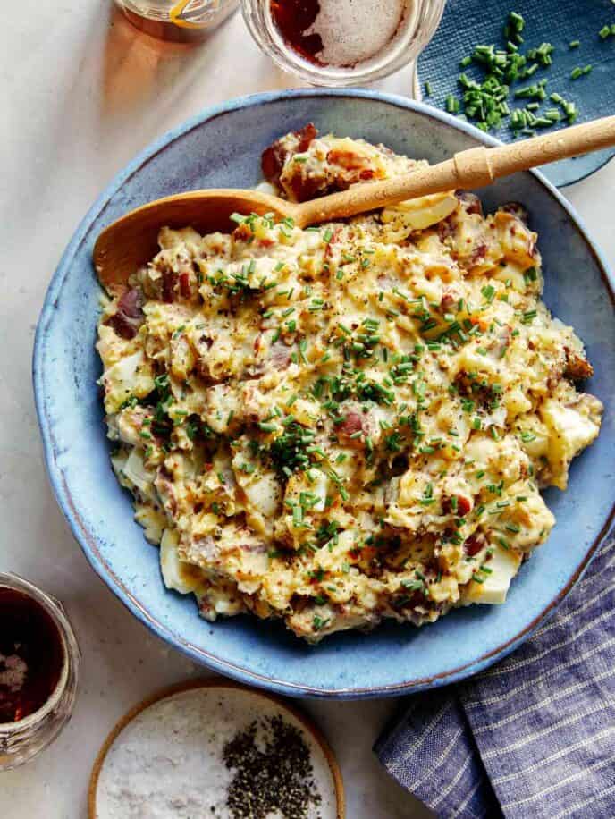 Creamy potato salad in a bowl ready to be served.