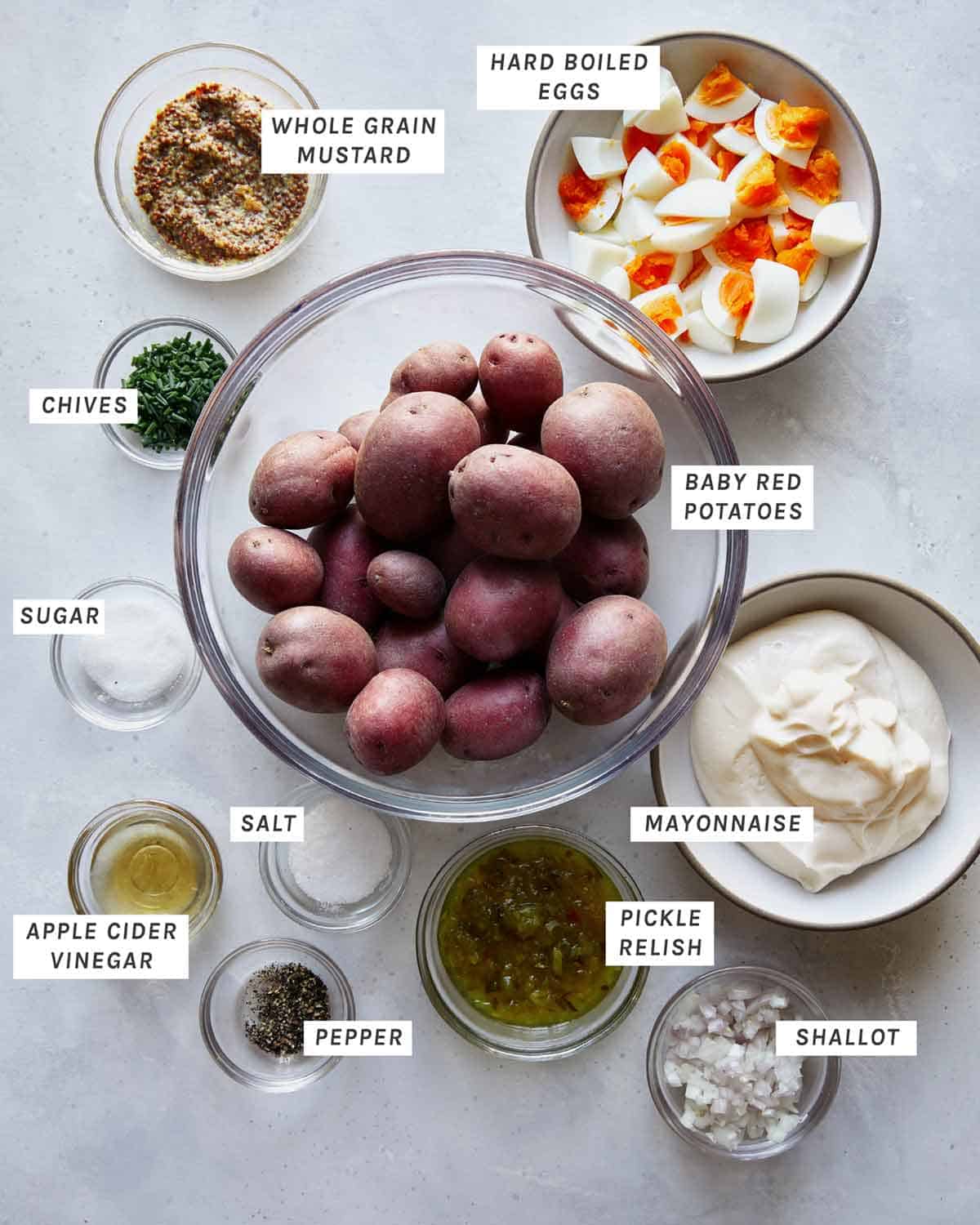 Creamy Potato Salad ingredients on a kitchen counter. 