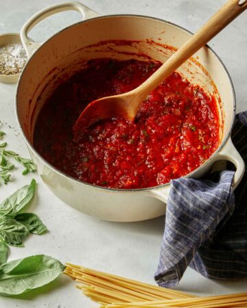 Arrabiata sauce in a stock pot just made.