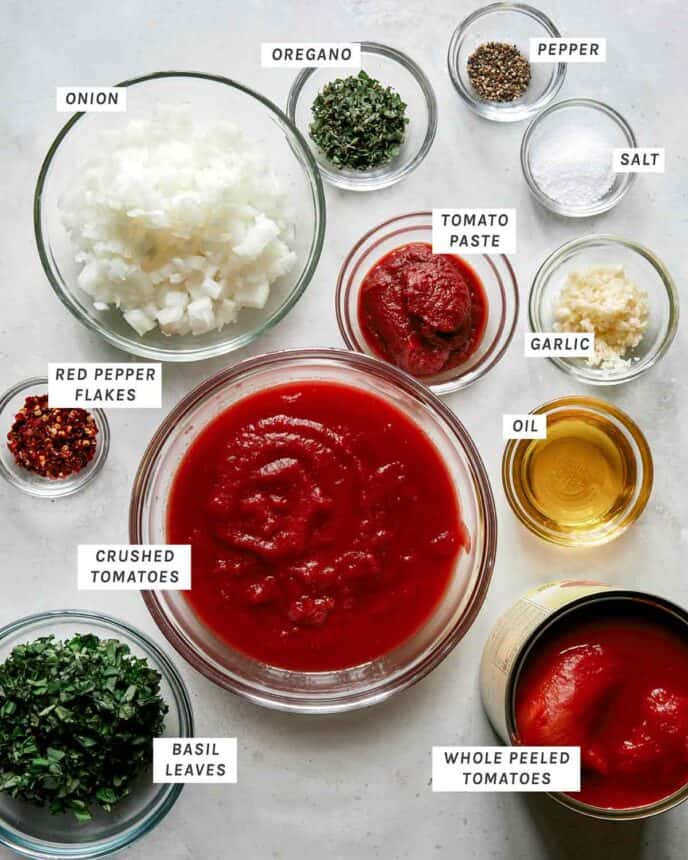 Arrabiata sauce ingredients measured out. 