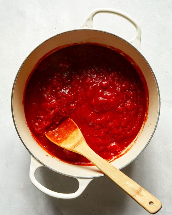The start of arrabiata sauce recipe in a stock pot. 