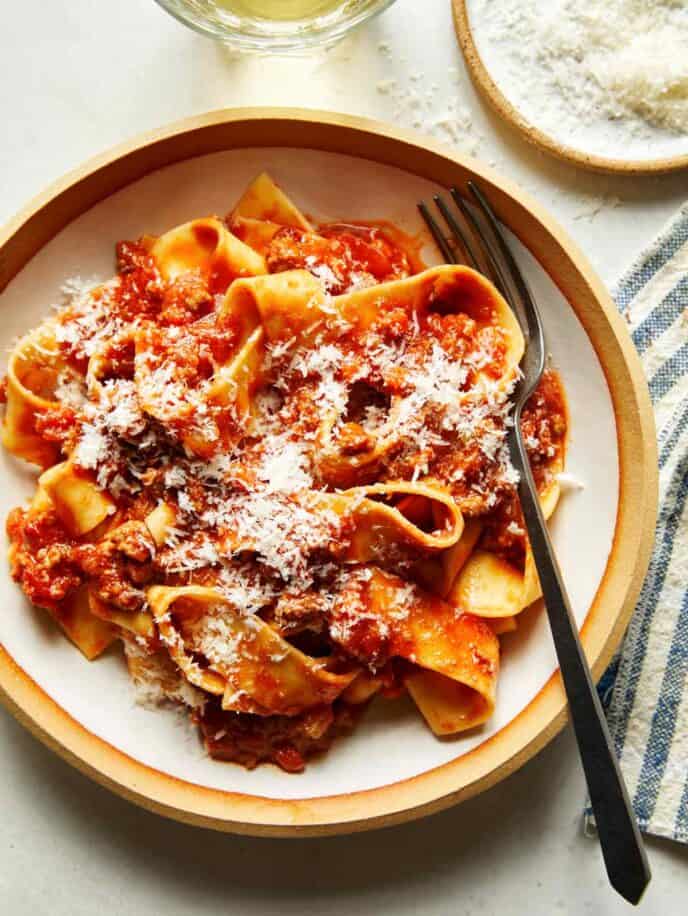 Bolognese sauce recipe in a bowl with pasta.