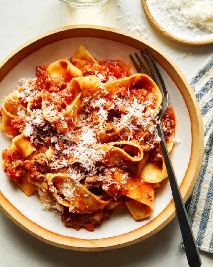 Bolognese sauce recipe in a bowl with pasta.