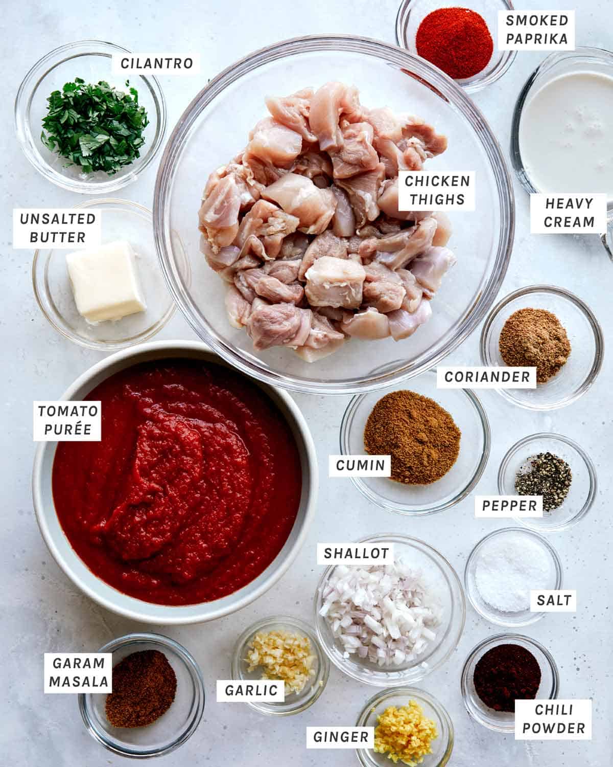 Ingredients to make butter chicken, or murgh makhani.