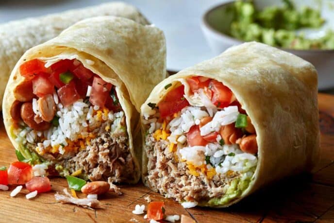 Pork carnitas burrito cut in half on a cutting board.